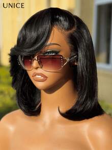UNice 4x4 Lace Closure Black Bob Wig With Side Swept Bangs 12 Inches Short Bob Wig Human Hair Lace Glueless Wigs Human Hair Pre Plucked Bleached Knots Pre Cut Lace Ready To Wear Wig 150% Density - SNatural - 查看 4