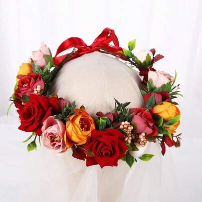 Vintage Floral Wreath Hair Accessories, Faux Rose Flower Crown Headpiece For Girls, Suitable For Bride, Festival, Holiday, Christmas, Valentine's Day, Photography Props, Wedding, Hawaiian Outfit For Women, Party, Christmas Jewelry For Women, Tiara For Outdoor Activities, Vacation, Travel, Outfit Accessories, And Gifting