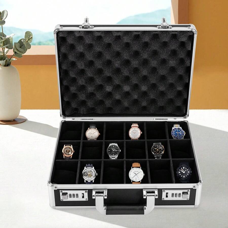 18-Compartment Watch Box With Dual Combination Lock, Soft Flannelette Pillows, Aluminum Alloy Frame, High-End Watch Storage Case - Black and White - View 1