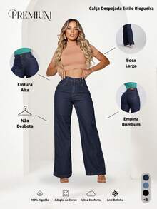 Women's Wide Leg Jeans, High-Rise, 100% Premium Cotton, Wide Leg, Marbled Blogger - Rửa tối - Xem 2