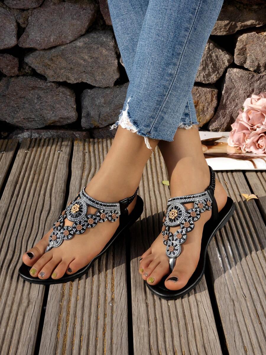 Women's Newest Style Roman Sandals, Bohemian Style Women's Flat Sandals In Brown Color - Black Diamond - View 1