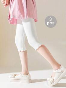 3 件套女童春季新款可爱印花打底裤，儿童松紧腰蕾丝花边针织打底裤