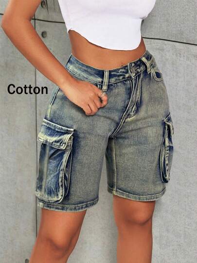 Teen Girl's Y2K Street High Waist Flap Pocket Work Cargo Denim Bermuda Wide Leg Jean Shorts Summer Comfy Jorts