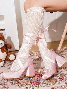 Lolita Ballerina Style Square Toe High Heels With Cross Strap, Mary Jane French Girl Style Satin Bow Solid Color Fashion Y2K PU Leather Outdoor Shoes, All Seasons - Pink - View 2