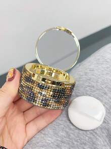 1pc Round Gold Leopard Print Refillable Travel Makeup Mirror & Powder Puff, Fits 6g - Multicolor - View 6