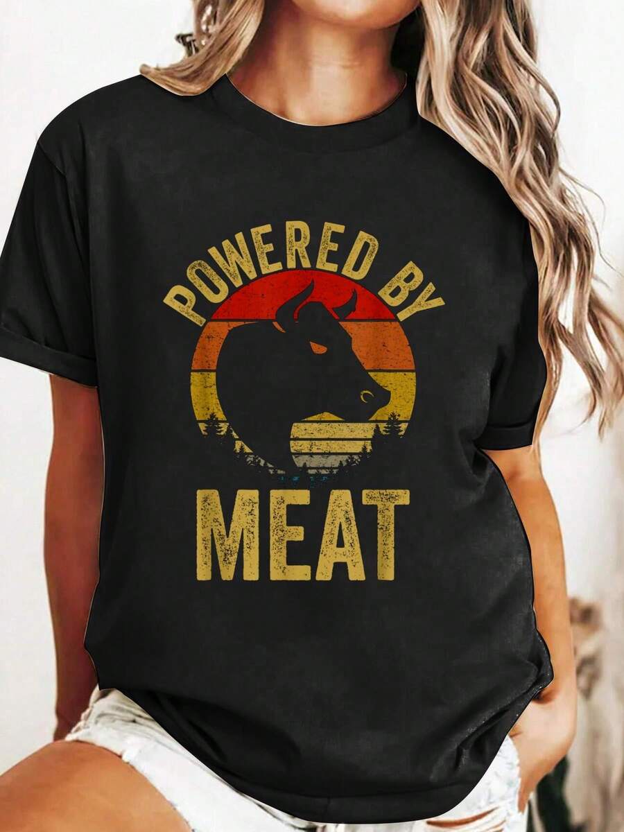 Summer Cotton T Shirt Vintage Powered By Meat Carnivore Meat Eater T-Shirt Graphic Tees Tops Shirts For Women - Black - View 1