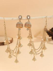 1 Set Elegant Jhumka Earrings Suit, Detachable With Rhinestone, Bell, Faux Pearl & Tassel Earrings Accessories, 4-In-1 Long Necklace Jewelry, Suitable For Women's Daily, Festival, Wedding And Party Wear/Bridal Jewelry/Gift