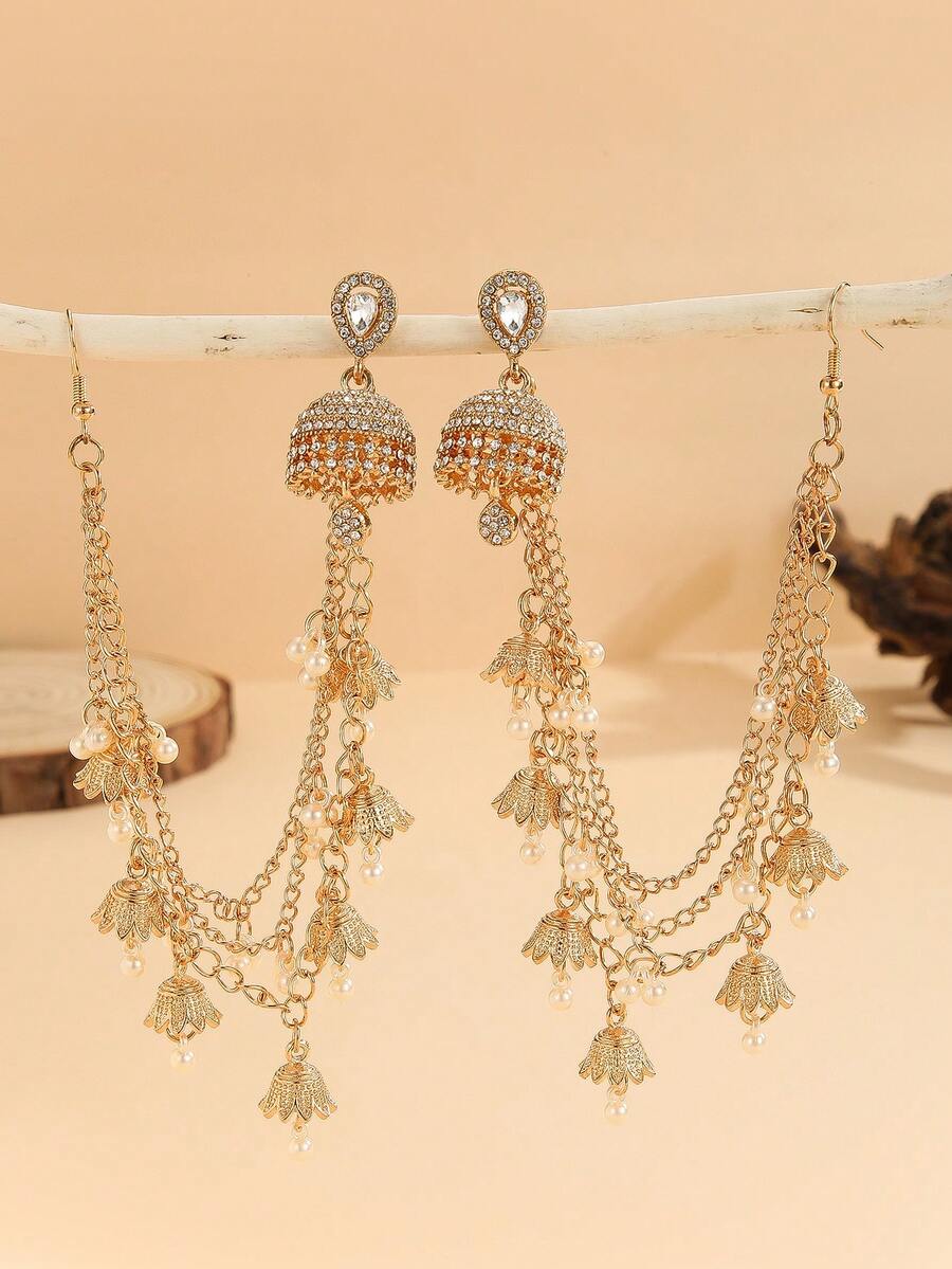 1 Set Elegant Jhumka Earrings Suit, Detachable With Rhinestone, Bell, Faux Pearl & Tassel Earrings Accessories, 4-In-1 Long Necklace Jewelry, Suitable For Women's Daily, Festival, Wedding And Party Wear/Bridal Jewelry/Gift