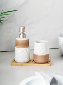 3 PiecesGlazed Ceramic Bathroom Set | Toothbrush Cup, Soap Dispenser & Natural Wood Tray | Hygienic Counter Organizer For Modern Farmhouse (Easy Clean, Gift Ready) Back To School