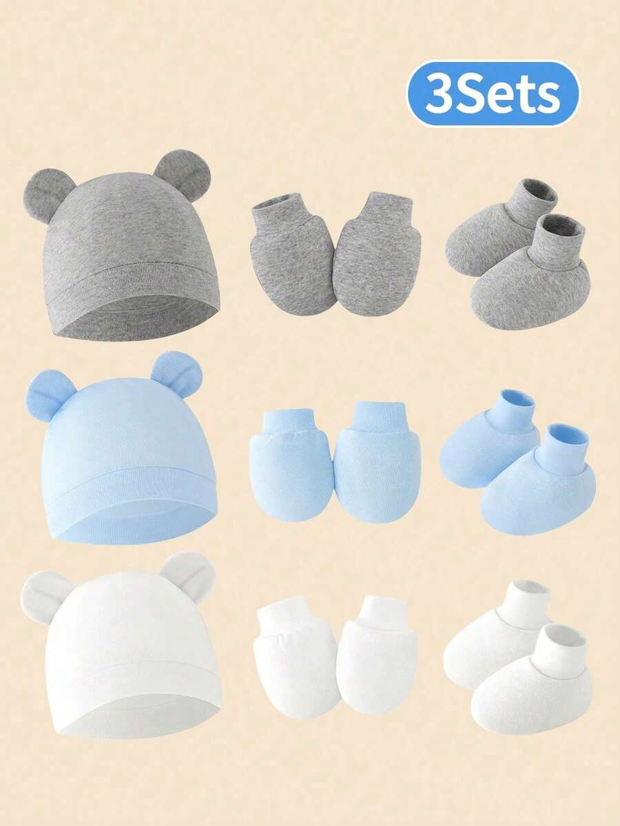 Bộ 3 món mũ tai + găng tay chống trầy xước + bao chân cho bé trai sơ sinh (xanh dương + trắng + xám), thích hợp để đội hàng ngày - Nhiều màu - Xem 1