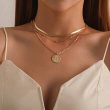 Simple Three-Layer Round Necklace Multilayer Snake Lotus Pendant Multilayer Gold Bead Disc Necklace - Vàng - Xem 2