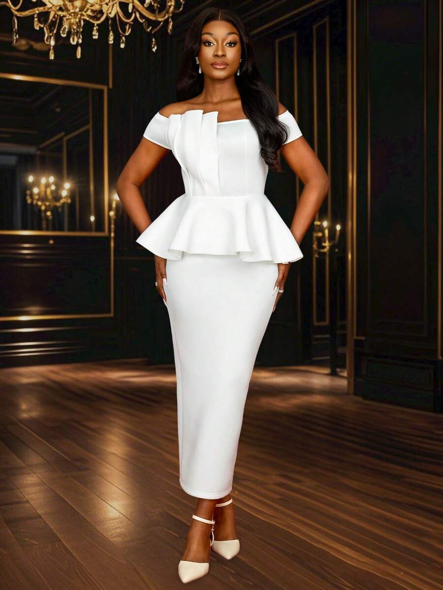 Vestido blanco plisado con volantes de hombro caído, elegante y largo, para fiesta de boda, ducha nupcial, graduación o novia