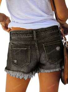 Women's Button Front Pocket Distressed Raw Hem Casual Denim Shorts