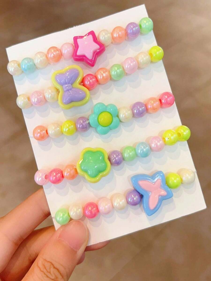 5pcs/Set Girls' Colorful Butterfly & Flower Beaded Bracelets, Stretchy Princess Style Bracelet For Daily Wear & Birthday Gift - Multicolor - View 1