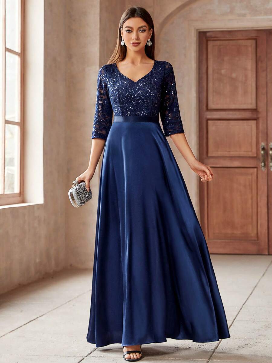 MIUSOL Đầm maxi dự tiệc trang trọng, tay lửng 3/4, cổ tim đính sequin và ren hoa phối satin tương phản, kiểu dáng thanh lịch dành cho nữ, đầm dạ hội trang trọng, đầm dự tiệc prom, đầm dự đám cưới, đầm tốt nghiệp, đầm dự tiệc tối, đầm Valentine mùa xuân. - Màu xanh hải quân - Xem 1