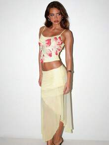 Vacation Floral Print Butter Yellow Mesh Skirts Sets Slim Fit Elegant Women Sexy Semi-Perspective Two Pieces Sets Fairycore Spring Summer Suits - Yellow - View 1