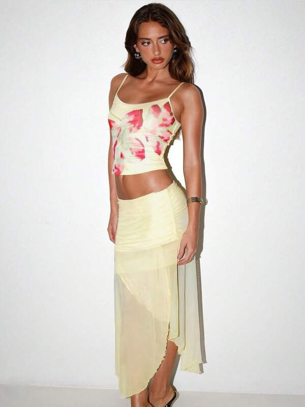 Urlaubsblumendruck-Butter-Gelb-Mesh-Rock-Sets, schlank sitzend, elegante Frauen, sexy, halbdurchsichtige Zweiteilige Sets, Fairycore Frühling Sommer Anzüge