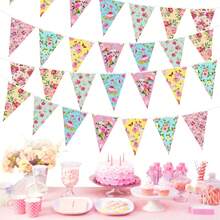 1/3/5 件茶花派对纸质彩旗装饰户外野花彩旗横幅花卉三角横幅适用于仙境花园婴儿洗礼新娘婚礼卧室悬挂装饰夏季生日礼物海滩返校学校用品房间装饰 - 彩色 - 查看 3