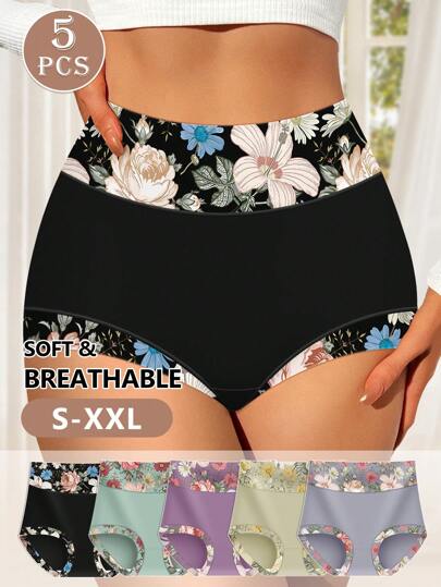 MIOTAN 5pcs/Pack Women High/Mid Waist Floral Print Panties, Elegant, Stretchy, Soft, Breathable
