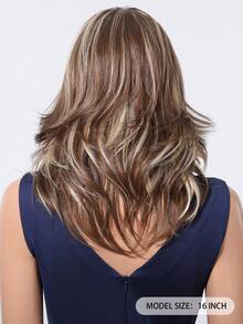 16 英寸长卷发优雅棕色挑染假发，适合时尚女士棕色混合金色合成假发，耐热日常派对度假使用，音乐节个性化假发 - 挑染棕色 - 查看 7