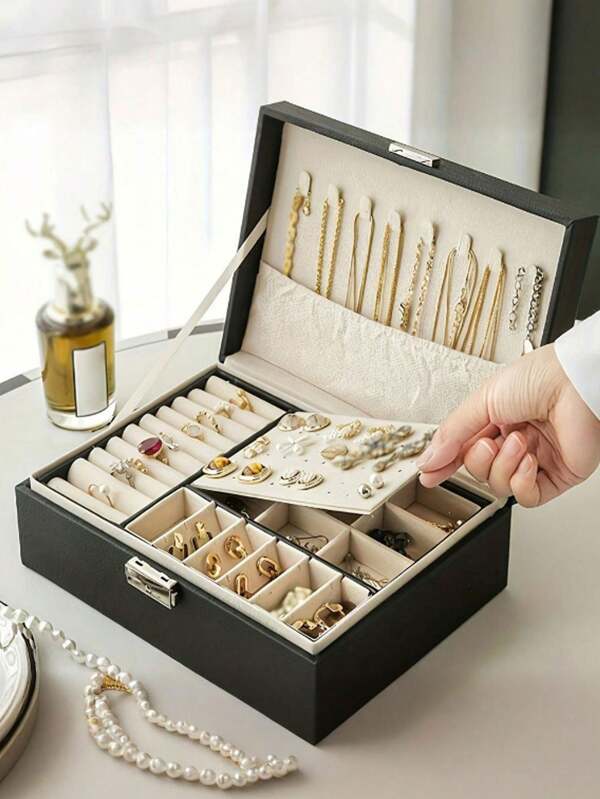 1pc Jewelry Storage Box, Large Capacity PU Leather Jewelry Organizer With Lock For Women And Girls, Soft Lining For Men's Jewelry, Suitable For Rings, Pendants, Earrings, Necklaces, Bracelets, Watches, Lipsticks, Nail Art, Perfect For Storing All-Kinds Of Jewelry, Modern Style, Great Gifts For Women And Moms, Teacher Gifts