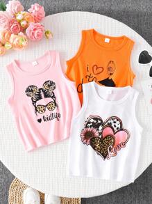 3pcs Girls' Sleeveless Heart & Girl Print Round Neck Tank Tops, Summer Young Girl Tops Multi Pack