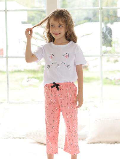 Set de 2 piezas de pijama de algodón ligero con estampado de gato lindo de manga corta y pantalón 3/4 para niñas para primavera/verano