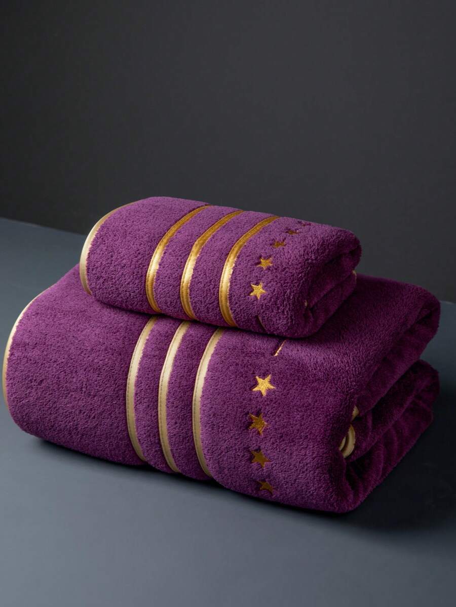 1 khăn tắm cỡ lớn, chất liệu polyester, màu tím trơn đơn giản với họa tiết ngôi sao thêu, hình chữ nhật 86*170cm HOẶC khăn tay nhỏ 34*75cm, thấm hút tốt, nhanh khô, mềm mại, thích hợp cho phòng tắm, khách sạn, tiệc tùng, bãi biển, du lịch, thể thao, quà tặng, hồ bơi, thẩm mỹ viện, ngoài trời, phòng tập thể dục, unisex, trang trí phòng tắm gia đình bốn mùa, trang trí mùa thu, trang trí năm học mới, khăn tắm cho thẩm mỹ viện, khách sạn, thể thao, đồ dùng thiết yếu tại nhà, khăn tắm, chăm sóc da.