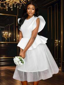 Vestido de novia, vestido de fiesta, vestido de graduación de mujer con mangas cortas con volantes, Body evasé de tul y longitud midi