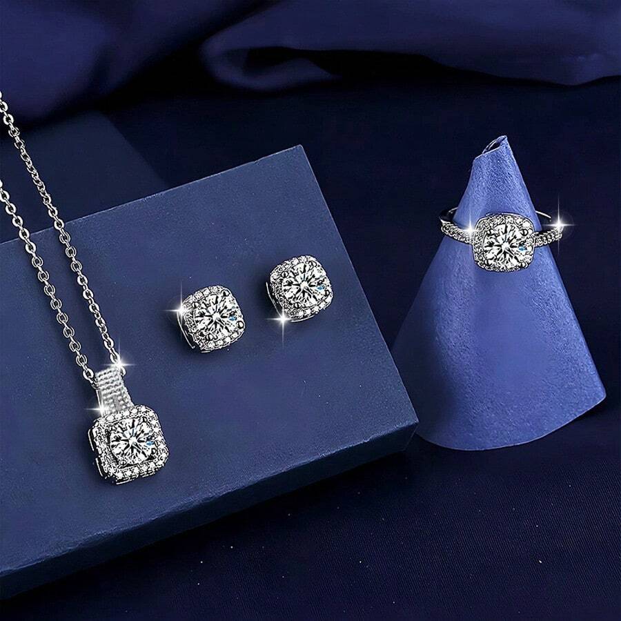 jugalstar 3pcs Set Sparkling Elegant Rhinestone Necklace Earrings Ring Jewelry Set For Women - 3-piece Square Pendant Necklace - View 1