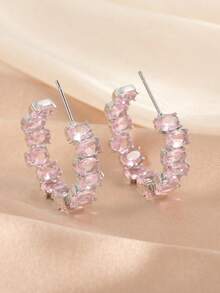 rakol 2pcs Luxurious Copper Cubic Zirconia Oval Hoop Earrings - Pink - View 3