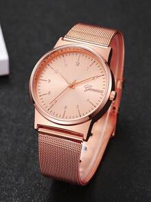 女式数字表盘石英表，配网状表带