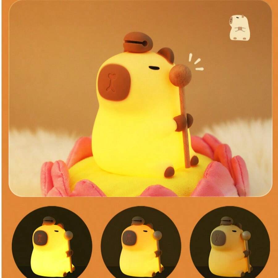 Touch Sensor Color Changing Night Light, Rechargeable Timed Silicone Hippo Animal Lamp, 7 Color Dimmable, Suitable For Bedroom, Holiday Gift - 卡皮巴拉木魚 - 查看 1