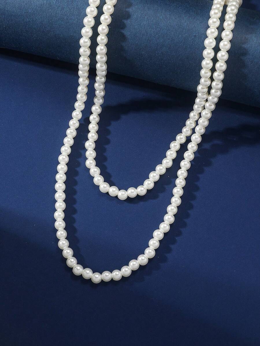 1pc Multilayer Pearl Beaded Long Necklace, Elegant & Versatile - White - View 1