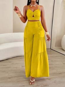 AIJ Amarilo Women Summer Vacation Twist Cami Top And Pleated Wide Leg Pants 2 Pieces Set - Yellow - View 6