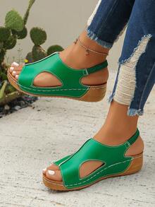 Plus Size 36-45 Summer New Fashion Simple Green PU Upper Round Toe Peep-Toe Platform Wedge Sandals For Women, Outdoor Beach Lightweight Comfy Open Toe Slide Sandals - Green - View 5