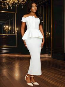 Vestido blanco plisado con volantes de hombro caído, elegante y largo, para fiesta de boda, ducha nupcial, graduación o novia