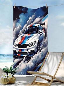 1pc Modern Blue And White Sports Car Beach Towel, Tropical Print Beach Towels, Large Beach Towel, Beach Blanket, Microfiber Towel, Picnic Mat 2-In-1 Oversized Polyester Beach Blanket, Sand Resistant Quick Drying Towel, Summer Travel Essentials, Playa,Camping, Bathroom, Swimming Pool, Beach Essentials, Bathroom Bath Towel, Cruise Ship Essentials, Beach Accessories, Hawaii,Birthday Present. Holiday Bathroom Decor