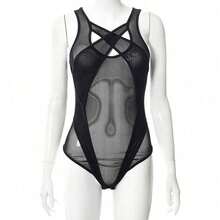 CWTI-Women's See Through Mesh Bodysuit Hollow Out Sleeveless Criss Cross Bodycon Short Mini Leotard Top Rave Festival - 黑色 - 查看 3