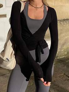 Women Ballet Wrap Top Yoga Pilates Wrap Shirt Long Sleeve Slim Fit Workout Dance Top Front Tie Strap Strechy Ballerina Blouse - Black - View 3