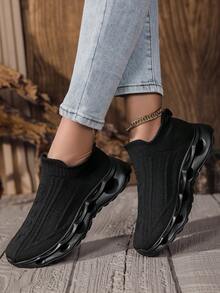 1 双女式一脚蹬弹性休闲运动鞋，舒适柔软的情侣步行鞋，透气针织运动鞋，适合日常穿着 - 黑色 - 查看 3