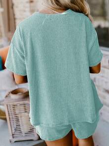 2pcs Plus Size Women Ribbed Knit Loose T-Shirt And Shorts Set - Mint Blue - View 3