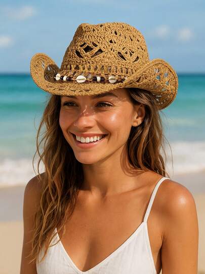 1 pieza Sombrero de paja de verano, sombrero de playa bohemio con conchas huecas, sombrero de vaquero para viajes al aire libre y playa, adecuado como regalo para el Día de la Madre, protección solar tejida a mano, atuendo para festival de música y vuelta al colegio, sombrero para boda