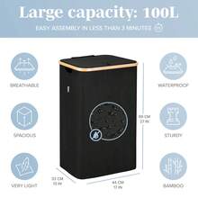100 L Laundry Hamper With Lid Cover - Sturdy Tall Bamboo Laundry Basket Clothes Organizer - Aesthetic Bedroom Fabric Bin - Big Bathroom Dirty Clothes Hamper - Beige Vegetable Basket - 黑色 - 查看 5