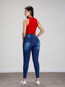 Pantalón Slim Fit Azul de Mezclilla Suave con Cintura Alta, Botones Metálicos y Diseño de Bolsillos con Efecto Trasero Levanta Glúteos - Azul 2309guion2 - Ver 6