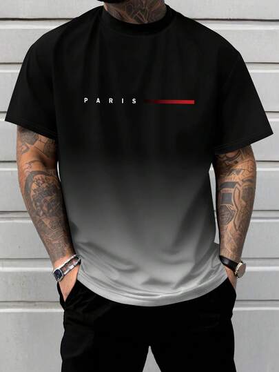 男士加大码渐变色巴黎标语时尚印花短袖圆领T恤