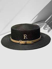 Women's Fashionable English Style Flat Top Straw Hat With Rhinestone R Letter And Leather Strap Decoration, Summer Outdoor Travel Sun Hat - Khaki - View 8