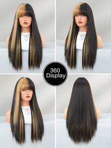 7JHH WIGS 26 Inch Long Straight Black Wig, Women's Style, Fluffy And Wavy With Bangs, Highlighted With Golden Streaks, Full Lace Synthetic Fiber Wig, Suitable For Daily Wear, Music Festivals, Parties, Anime Or Cosplay Photography - 挑染金色 - 查看 6