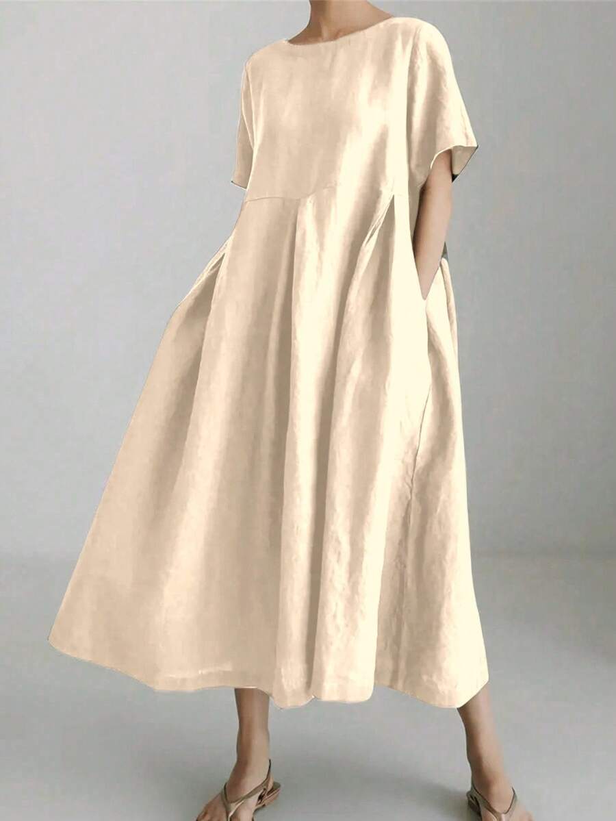 女士端庄优雅简约宽松舒适亚麻连衣裙，短袖，口袋，圆领，纯色，超长 - 杏色 - 查看 1