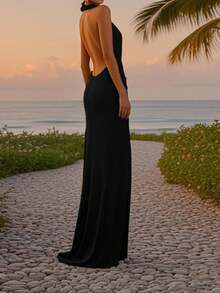 WOWDARK Autumn Sexy Elegant Commuting Halter Backless Dress - Black - View 2